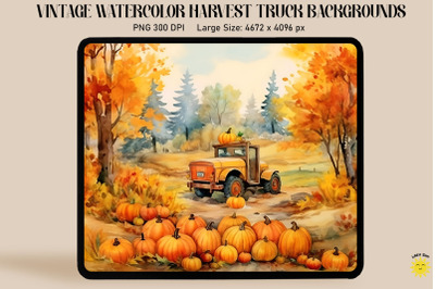 Watercolor Harvest Scene With Red Truck