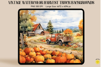 Watercolor Harvest Scene With Red Truck