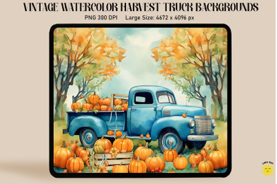 Watercolor Blue Truck With Pumpkins