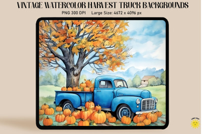 Watercolor Blue Truck With Pumpkins