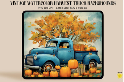 Watercolor Blue Truck With Pumpkins