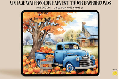 Watercolor Blue Truck With Pumpkins