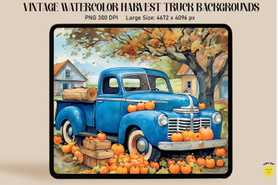 Watercolor Blue Truck With Pumpkins