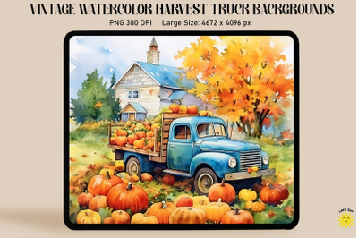 Watercolor Blue Truck With Pumpkins