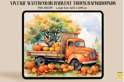 Watercolor Harvest Scene With Red Truck