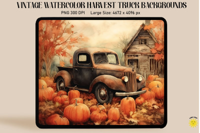 Watercolor Vintage Red Truck In Harvest