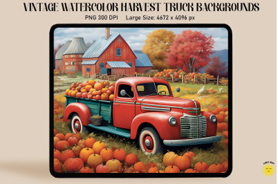 Watercolor Harvest Scene With Red Truck