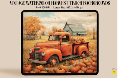 Watercolor Harvest Scene With Red Truck