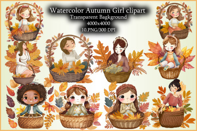 Watercolor Autumn Girl clipart Set