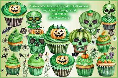 Watercolor Green Cupcake and Halloween Clipart