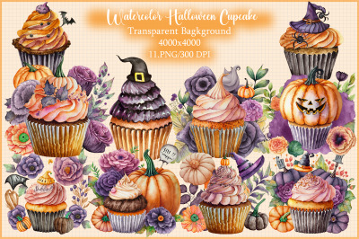 Watercolor Halloween Cupcake and  Clipart