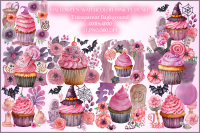 Watercolor Pink Cupcake and Halloween Clipart