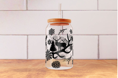 Christmas Scene with Deer 16oz Glass Can Wrap SVG PNG, Winter Scene.