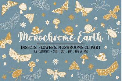 Monochrome Earth Insects SVG, Boho Floral SVG Bundle, Wildflower, Flow