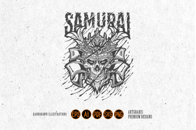 Eerie samurai skull head frightening helmet monochrome