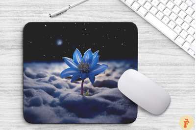 Frozen Blue Flower On Snow Mouse Pad