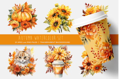 Autumn watercolor prints and elements for T-shirts or cards