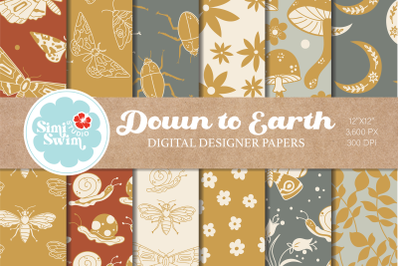 Monochrome Earth Insects Digital Papers, Boho Floral Pattern Bundle,