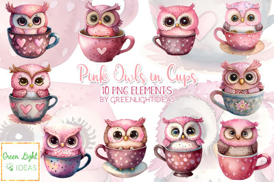 Valentines Day Pink Owls in Cups Clipart, Cute Owl Sublimation Graphic