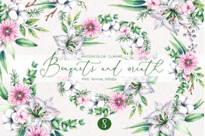 Watercolor flower bouquets and wreath PNG