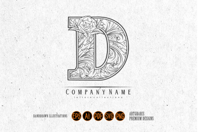 Classic flourish lettering D monogram logo outline