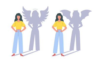 Woman with shadow of an angel and of devil. Female character heaven an