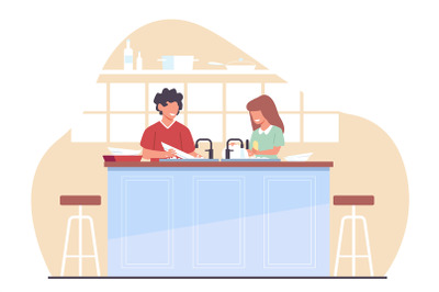 Boy and girl washing dishes in kitchen. Kids doing housework chores at