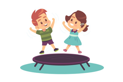 Children jumping on trampoline, laughing and having fun. Boy and girl