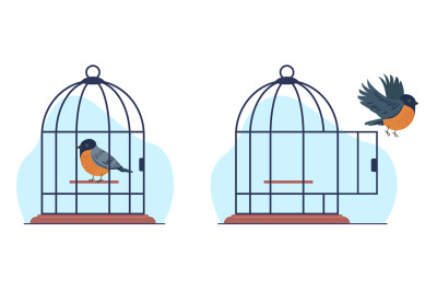 Concept of captivity and freedom, bird sits in cage and bird flies out