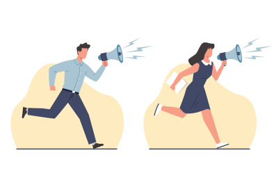 Concept of commercial, guy and girl running and talking into megaphone