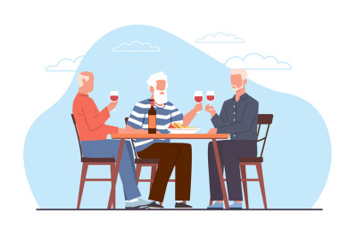 Concept of elderly friends vacationing, grandfathers sitting at table