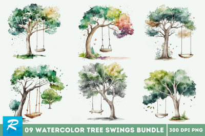 Watercolor Tree Swings Clipart Bundle
