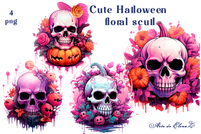 Halloween Skull Watercolor, Skull Pumpkin Clipart