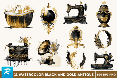 Watercolor Black and Gold Antique Clipart Bundle