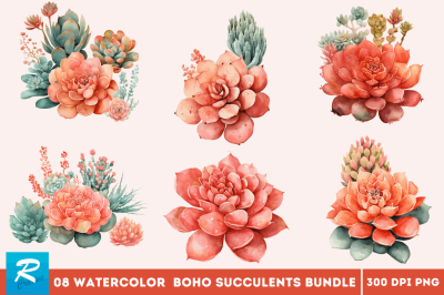 Watercolor Boho Succulents Clipart Bundle