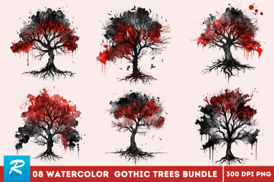 Watercolor Gothic Trees Clipart Bundle