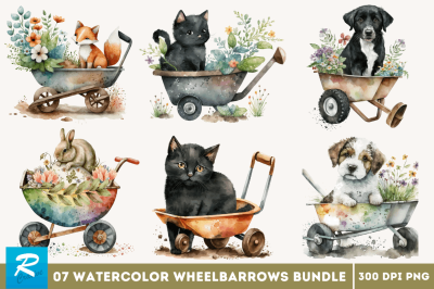 Watercolor Cute Wheelbarrows Clipart Bundle