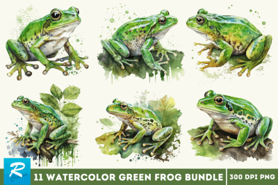 Watercolor Green Frog Clipart Bundle