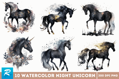 Watercolor Night Unicorn Clipart Bundle