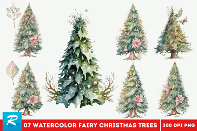 Watercolor Fairy Christmas Trees Clipart Bundle