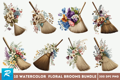 Watercolor Floral Brooms Clipart Bundle