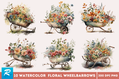 Watercolor Floral Wheelbarrows Clipart Bundle