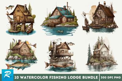Watercolor Fishing Lodge  Clipart Bundle