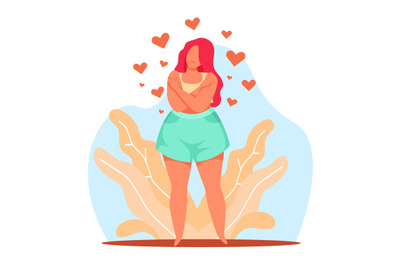 Concept of loving yourself and your body, beautiful chubby woman huggi