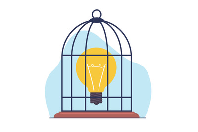 Concept of not realizing an idea, bird cage with golden light bulb loc