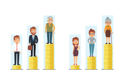 Concept of pension savings. People standing on stack of coins. Young a