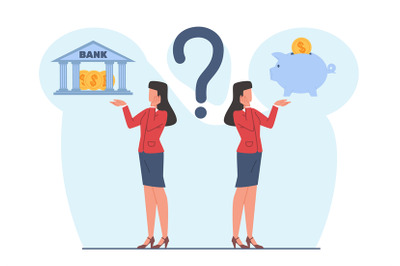 Concept of storing personal finances, woman chooses between bank and p