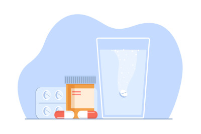 Concept of taking medication&2C; tablet dissolving in glass of water. Med