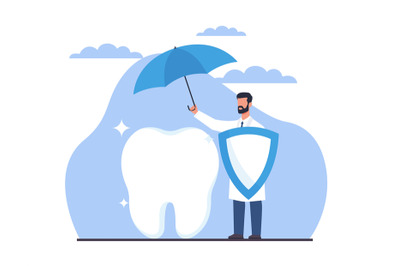 Dental insurance concept&2C; dentist covers big white tooth from trouble