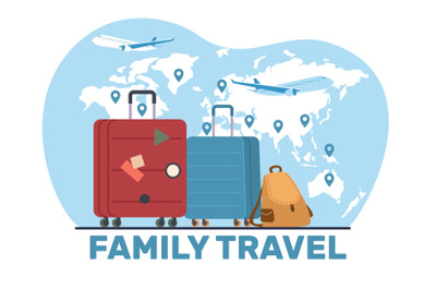 Family travel concept&2C; travel bags of all family members on background